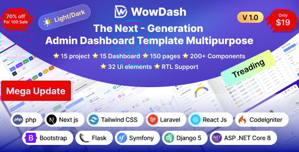 WowDash - Tailwind, Bootstrap, React, Next, Node JS, Django, Php, Laravel ASP.net Admin Dashboard