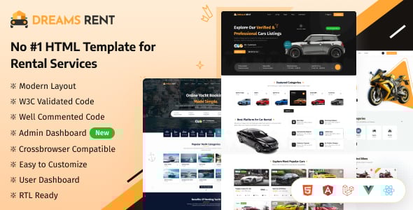 Dreams Rent - Vehicle, Car, Bike & Yacht Rental Booking Template (HTML, React, Laravel)