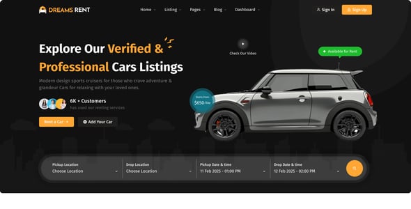Dreams Rent - Vehicle, Car, Bike & Yacht Rental Booking Template (HTML, React, Laravel)