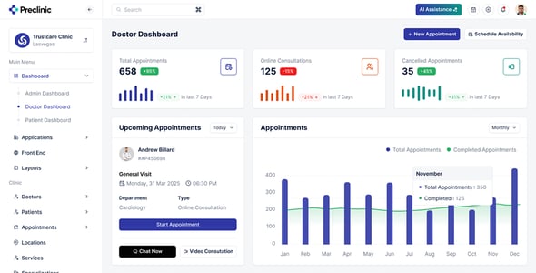 Preclinic - Medical & Hospital Admin Dashboard Template for Healthcare Management (HTML, React)