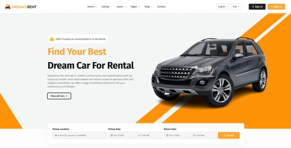 Dreams Rent - Vehicle, Car, Bike & Yacht Rental Booking Template (HTML, React, Laravel)