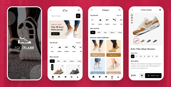 FootFlare - Shoes Store & eCommerce Mobile App Template ( Bootstrap + PWA )
